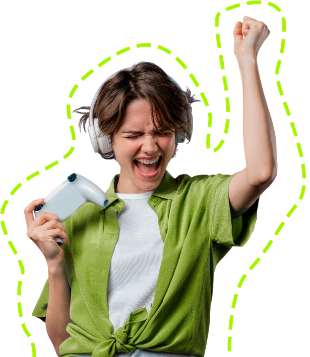 A person wearing headphones holds a game controller and celebrates with a raised fist, outlined by a dashed green line.