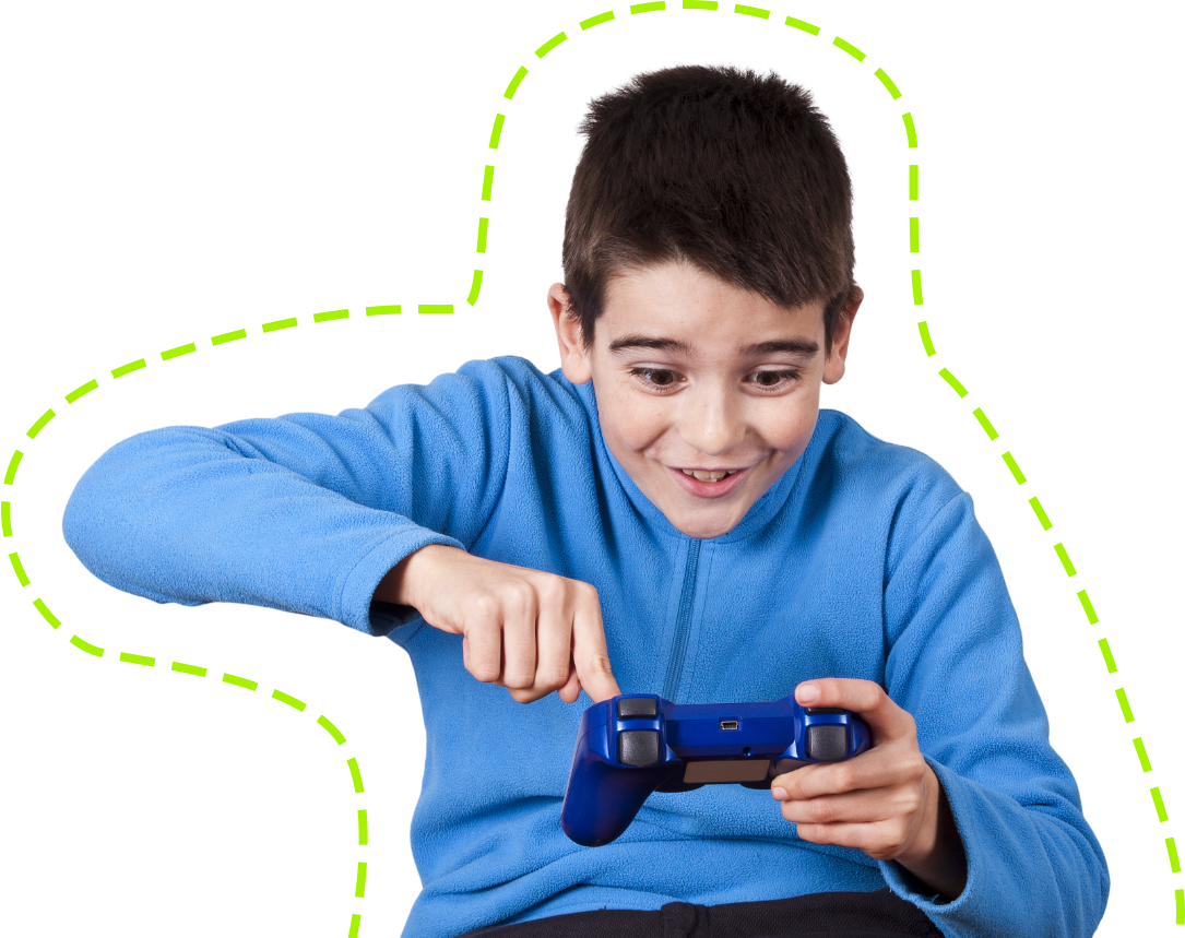 A person in a blue sweater excitedly plays a video game using a blue controller against a plain white background.