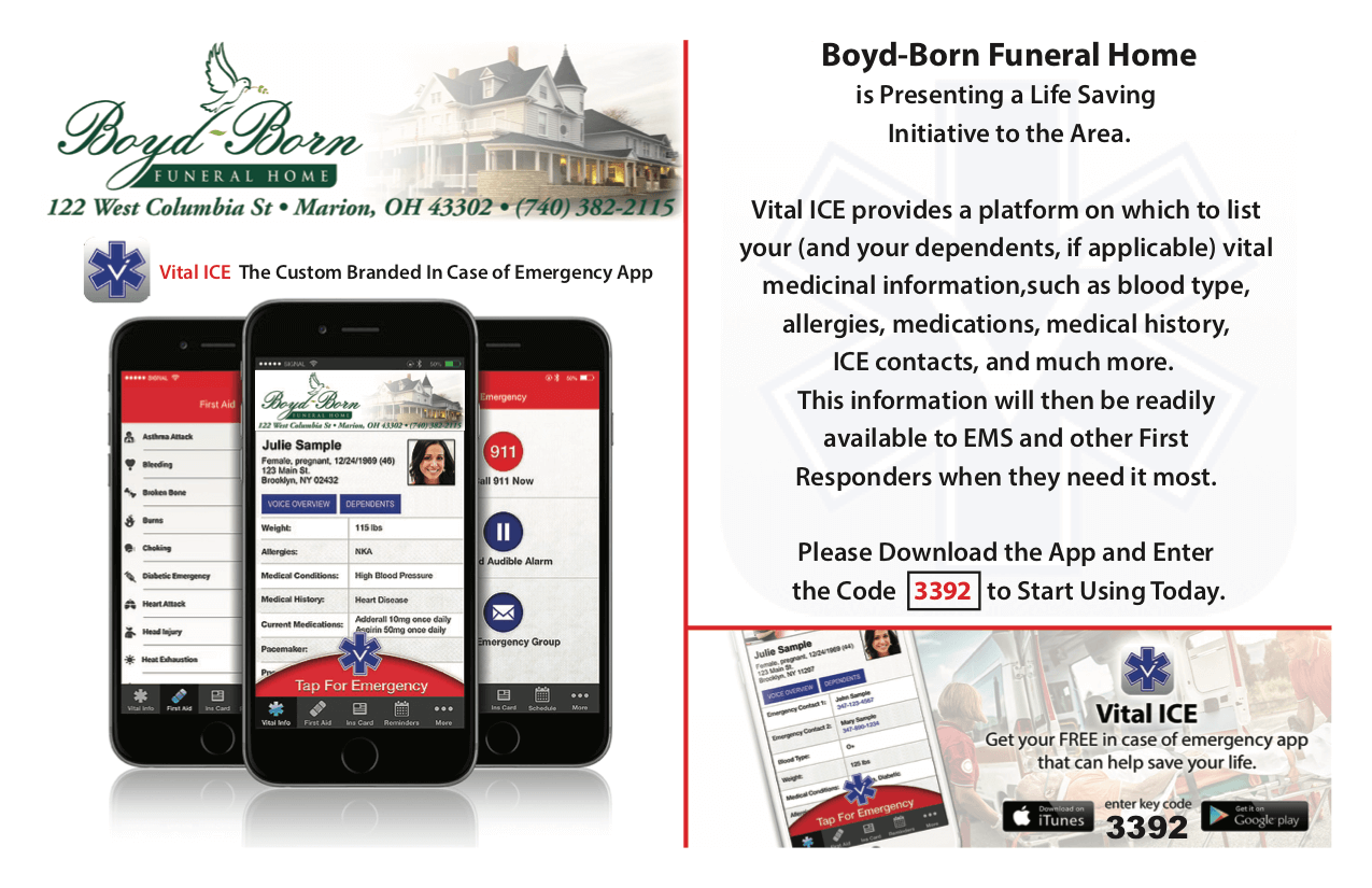 Boyd-Brown Funeral Home flyer promoting a mobile app, with phone screenshots and instructions to download via QR code