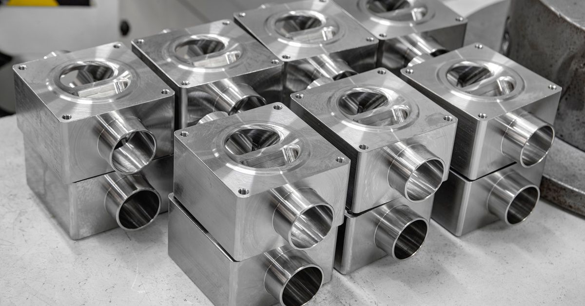 Seven stacks of two identical cube-shaped aluminum manufacturing parts made with a CNC machine sit on a counter.