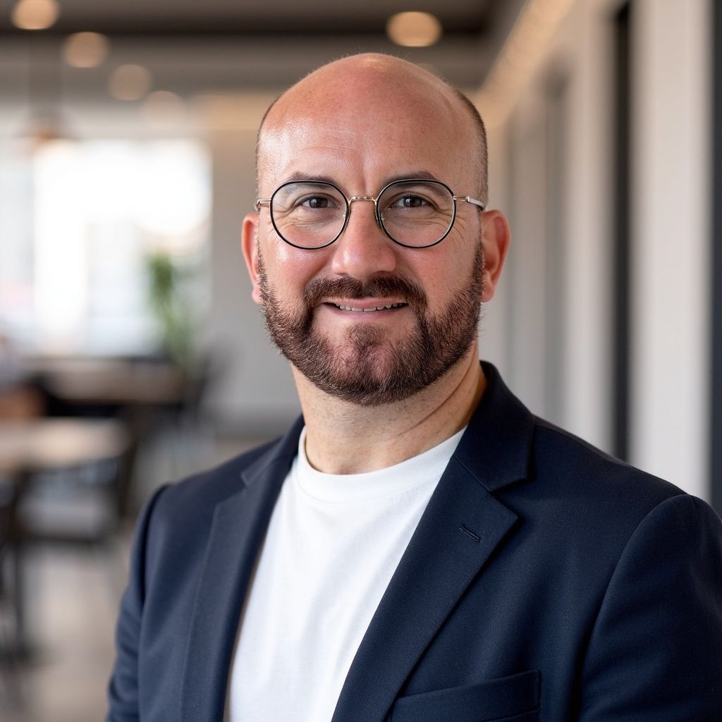 Bald man with glasses, a beard, and a plaid shirt under a dark sweater, smiling at the camera.