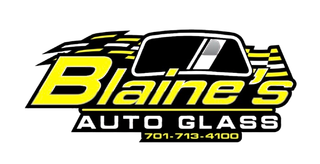 Logo for Blaine's Auto Glass: yellow text and elements, black background. A car window graphic is centered.