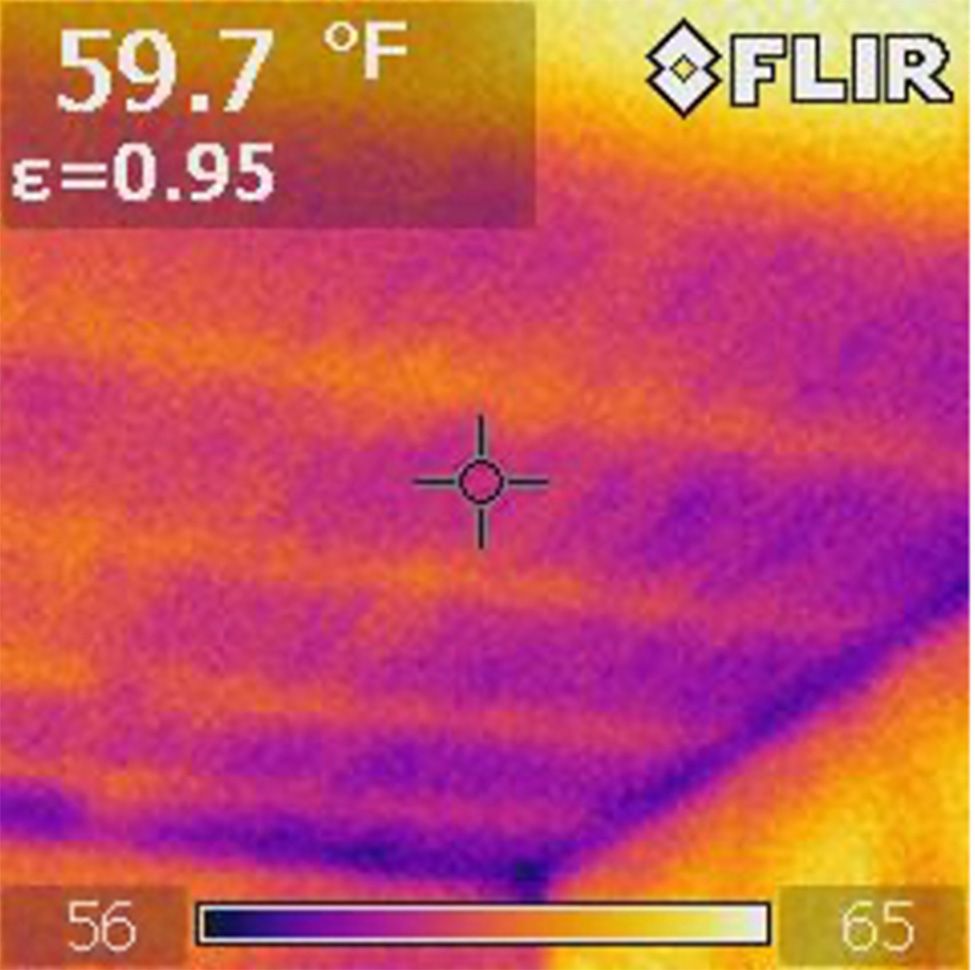 A thermal image of a ceiling showing a temperature of 59.7 degrees fahrenheit.