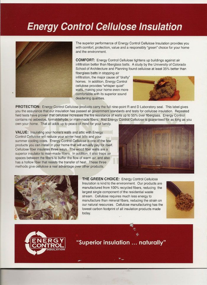 A brochure for energy control cellulose insulation shows different types of insulation.