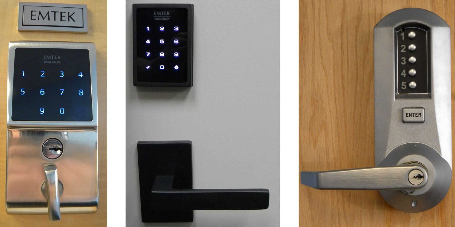 Three keyless entry door locks displayed side by side, featuring illuminated keypads and lever handles in different finishes, including touchscreen and push-button styles.