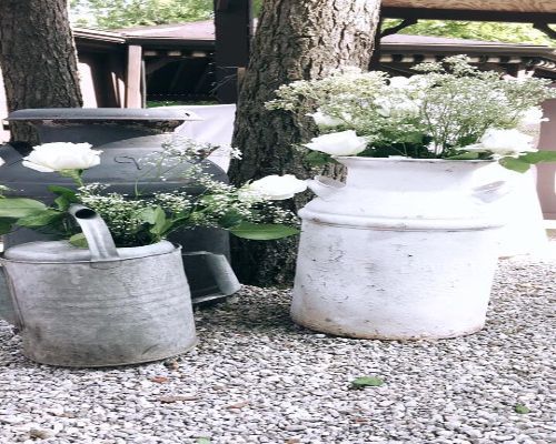 Two antique metal containers hold white flowers, placed on gravel; trees in background.