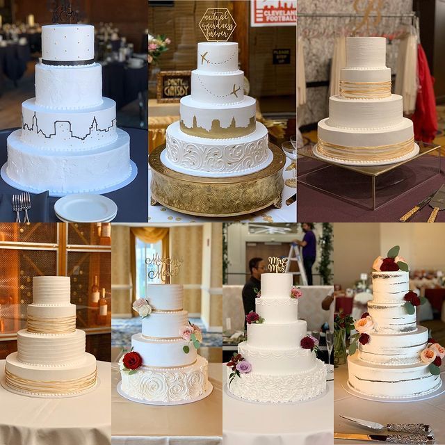 Collage of seven white wedding cakes with various gold and floral decorations.