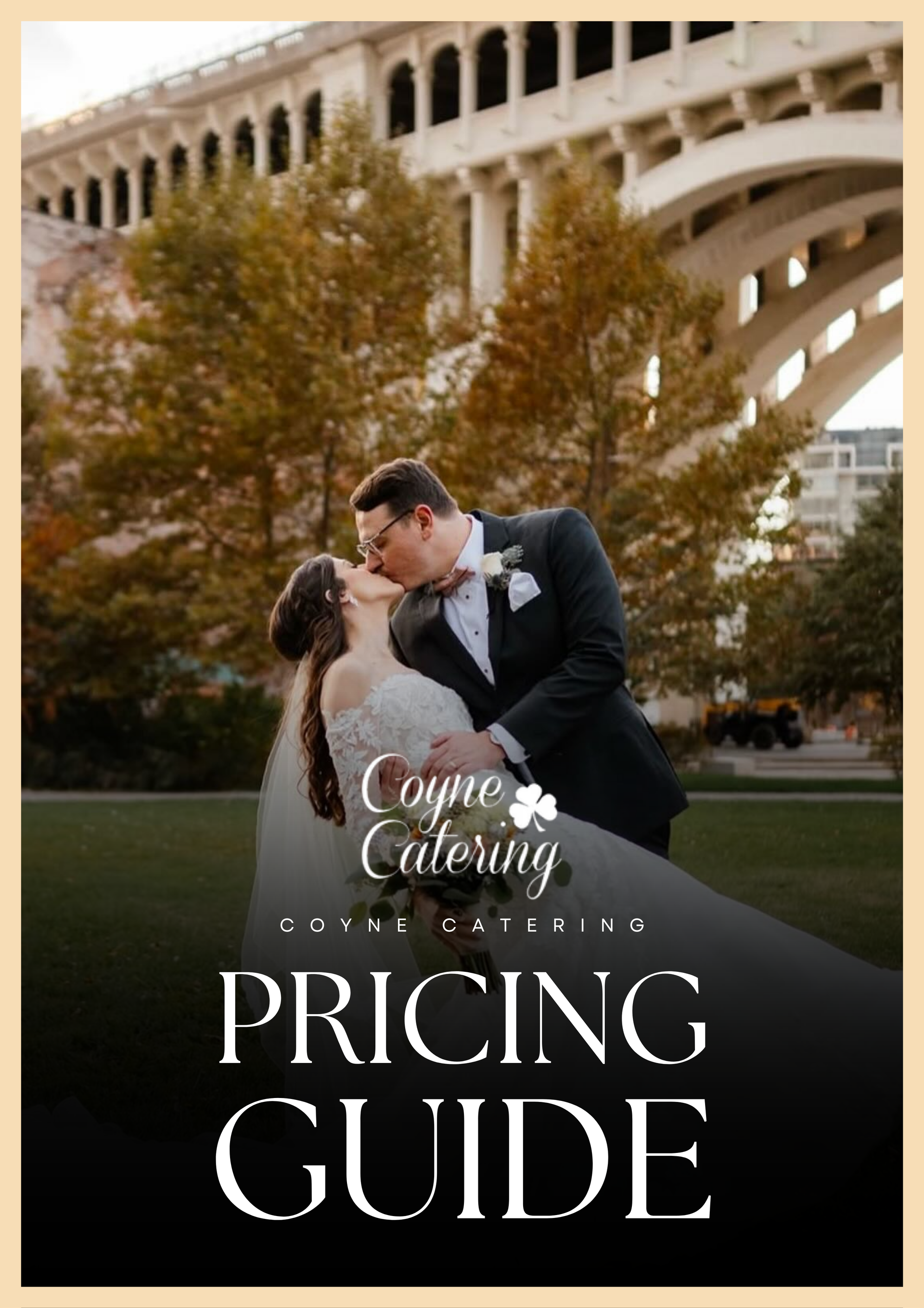 Bride and groom kissing outdoors in front of a bridge; catering pricing guide cover.