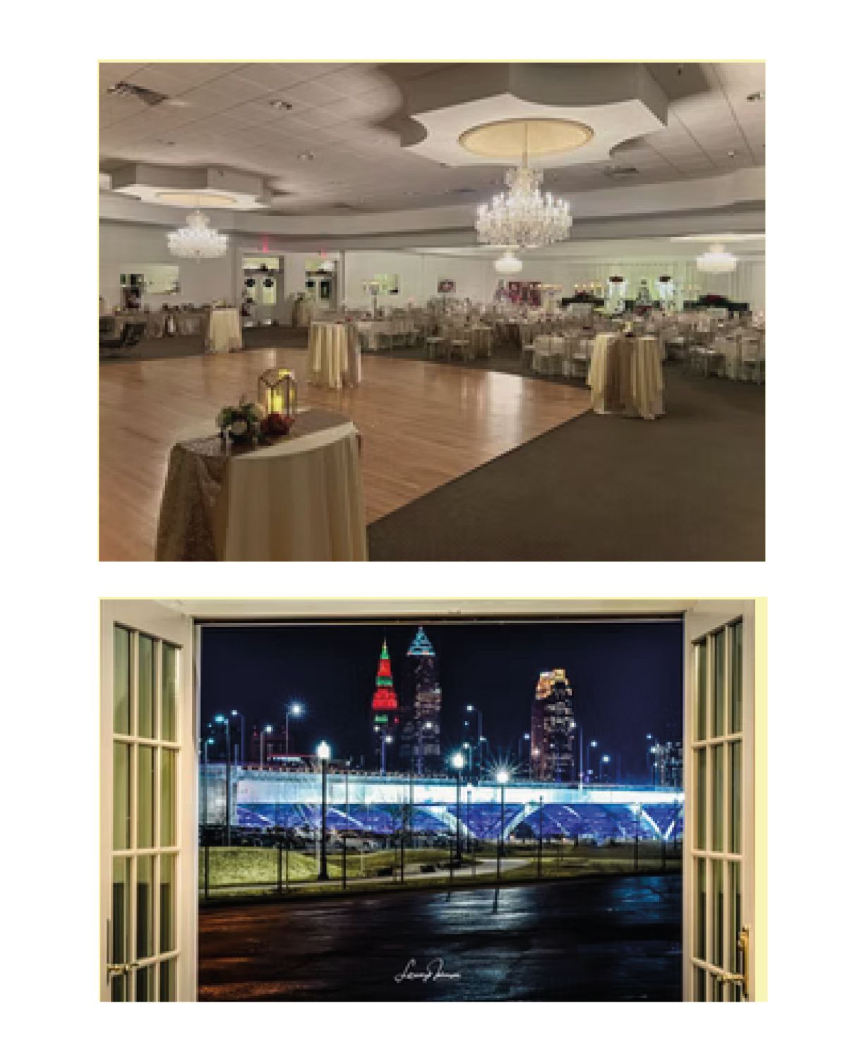 Top: Ballroom with round tables, a dance floor, and chandeliers. Bottom: City skyline at night viewed through an open window.