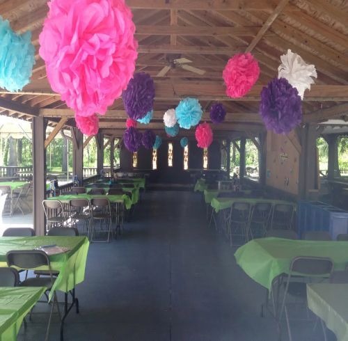 Event space decorated with colorful paper pom-poms; tables covered with green tablecloths.