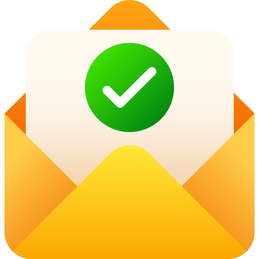 Yellow envelope with a white card and a green check mark, indicating a successful delivery.