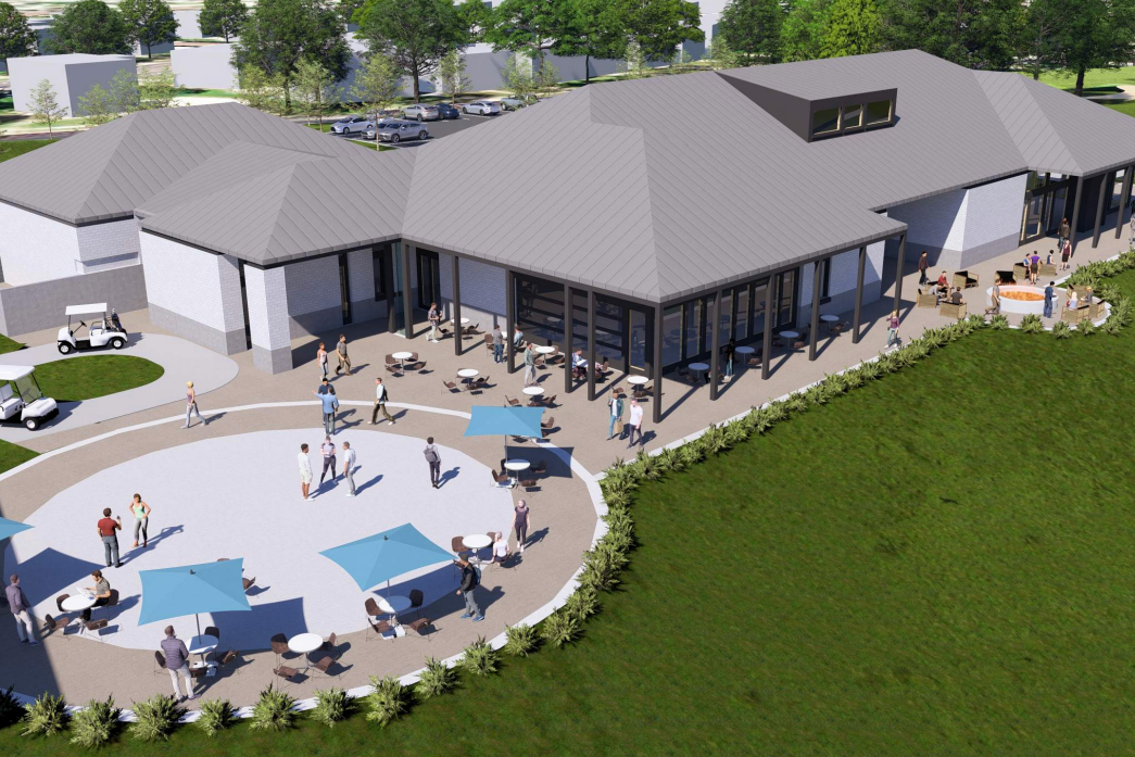 Rendering of a modern building with a patio, people, tables, and a circular plaza. Gray roof, greenery.