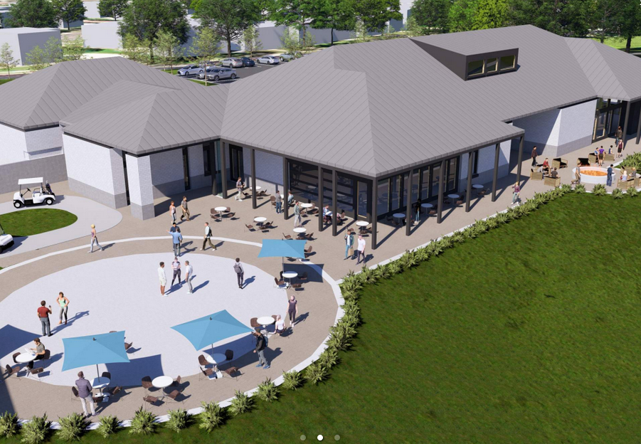 Rendering of a modern building with outdoor seating and a circular patio, people are visible.