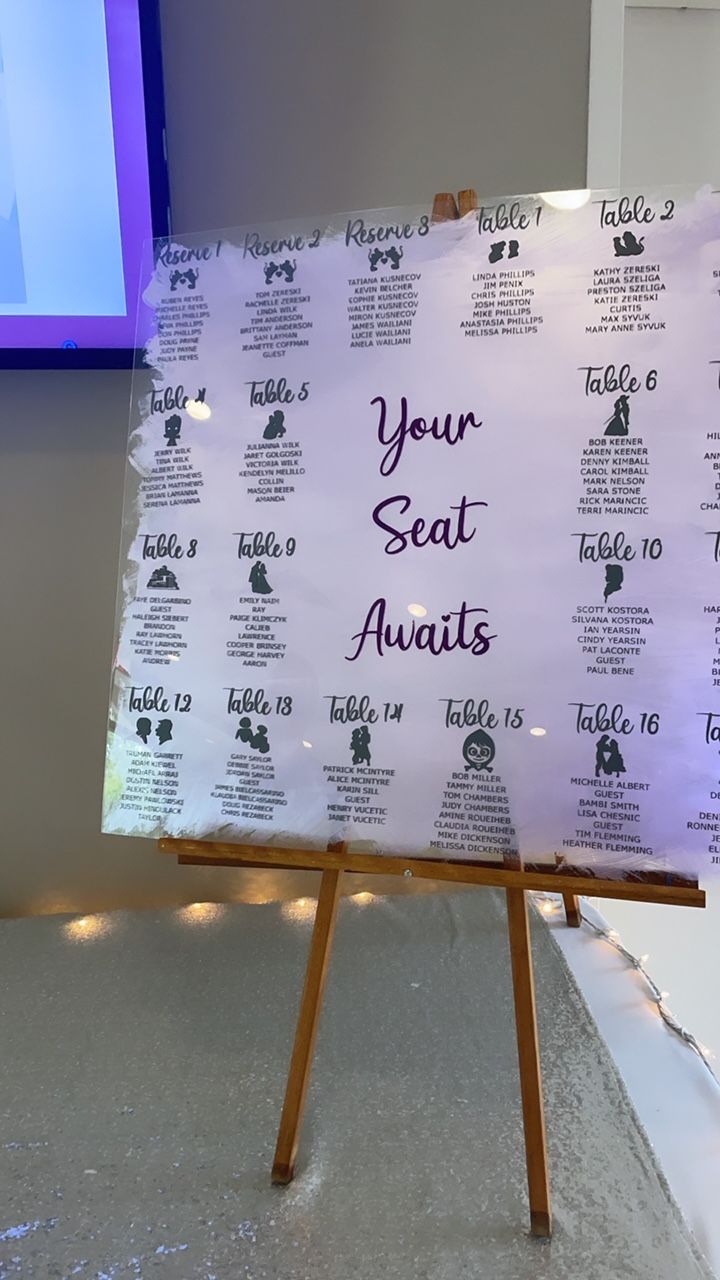 Wedding seating chart on easel, guests' names listed by table.