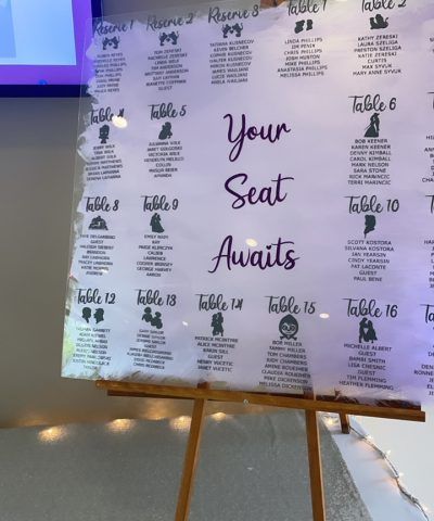 Seating chart with names at a wedding; clear acrylic with calligraphy text on a wooden easel.