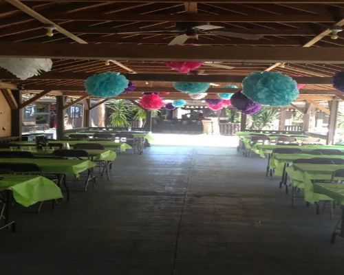 Pavilion decorated with tissue paper pom-poms over tables with green tablecloths; setting for a party.