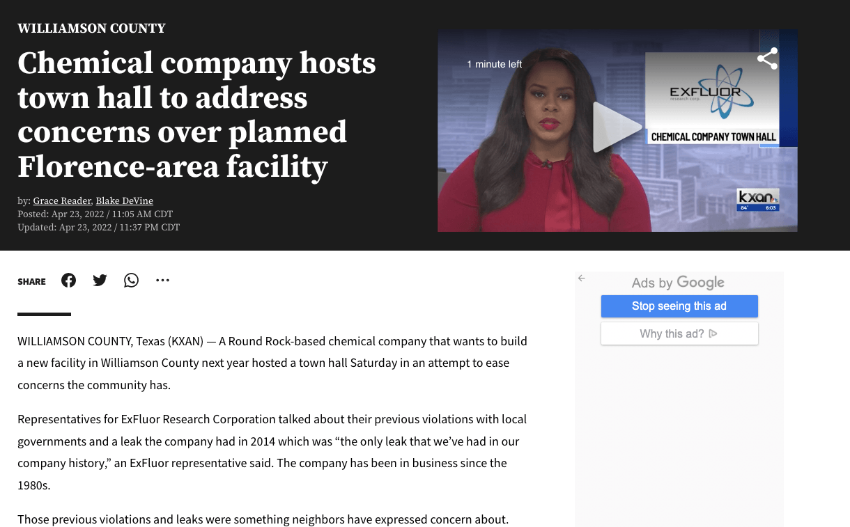 KXAN's Recent News Coverage of North San Gabriel Alliance: Chemical company hosts town hall to address concerns over planned Florence-area facility
