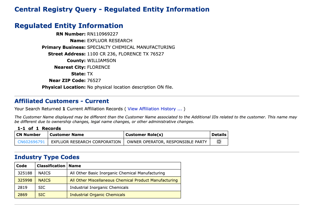 Central Registry Query - Regulated Entity Information Regulated Entity Information RN Number:RN110969227 Name: EXFLUOR RESEARCH Primary Business: SPECIALTY CHEMICAL MANUFACTURING Street Address:1100 CR 236, FLORENCE TX 76527 County:WILLIAMSON Nearest City:FLORENCE State:TX Near ZIP Code:76527 Physical Location: No physical location description ON file.
