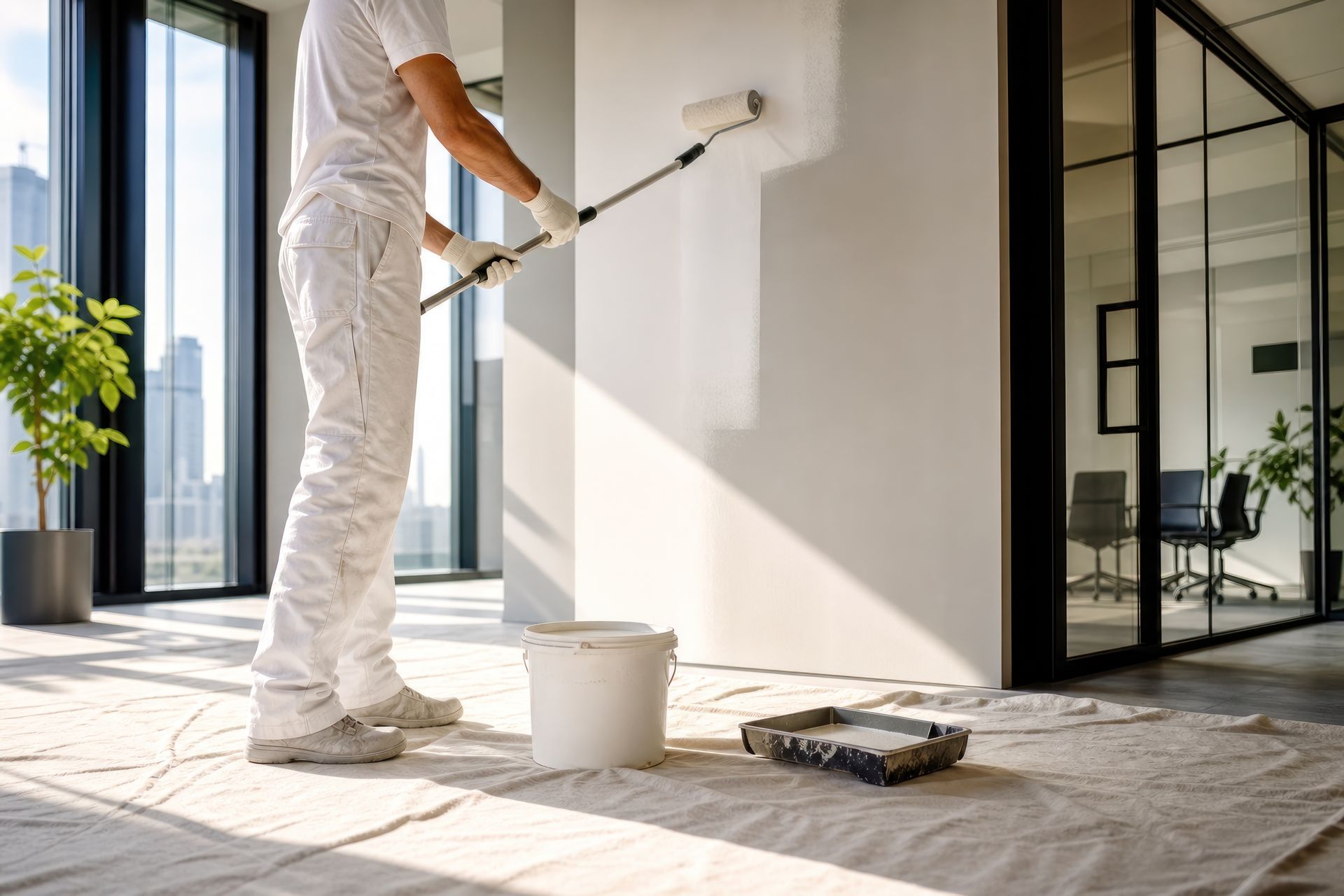 Professional painter applying wall paint