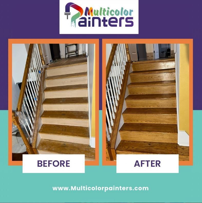 Before-and-after stairs painting ad: unfinished stairs on left, glossy brown finished stairs on right.