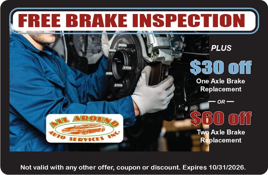 Free brake inspection ad with mechanic working on car and $30 off front axle brake replacement
