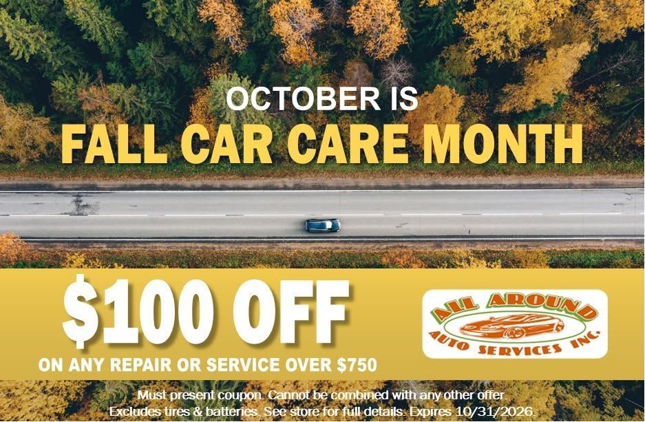 October car care sale ad with $100 off repairs or service over $750, over autumn highway scene