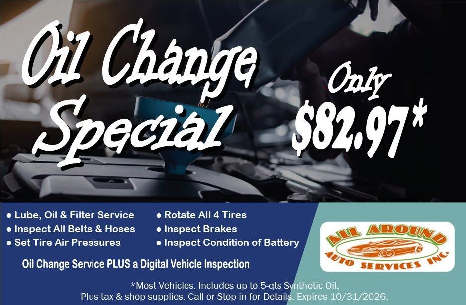 Oil change special ad, only $32.97, with vehicle maintenance services listed.