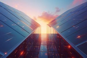 Glass skyscrapers angled towards the sunset, reflecting orange and blue hues.