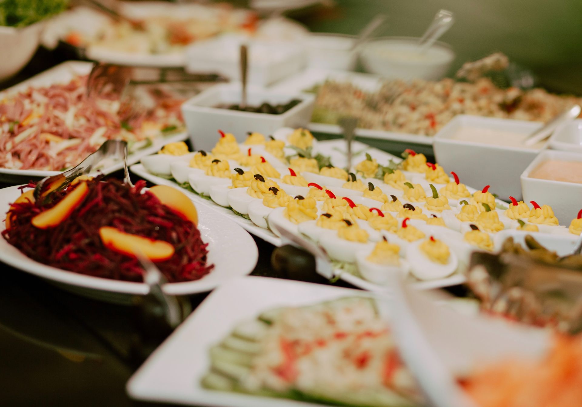 Buffet table with various salads and deviled eggs, ready to be served.