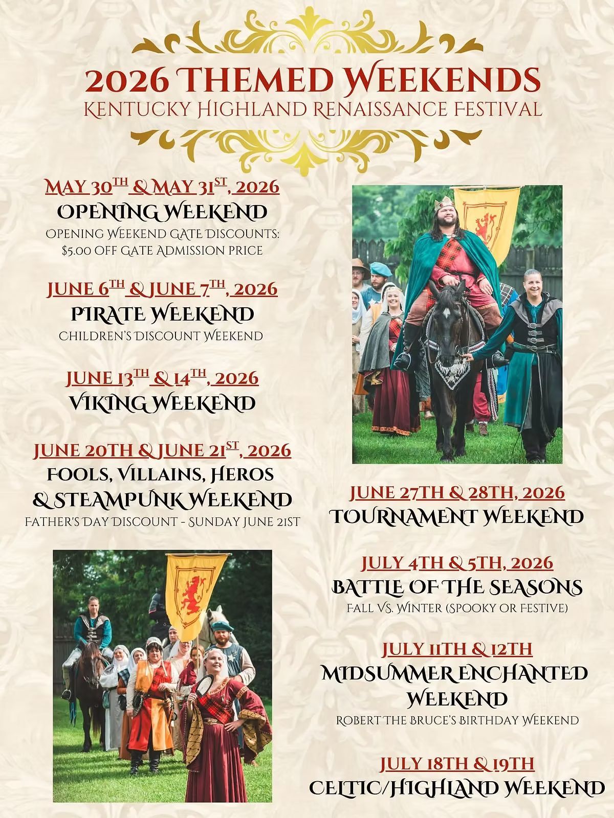 2026 themed weekends poster for Kentucky Highland Renaissance Festival with event dates and costumed performers