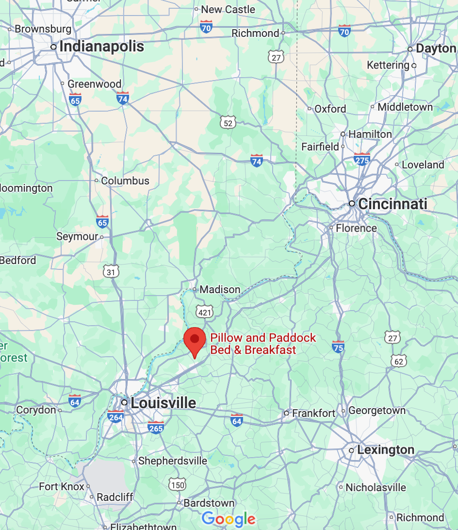 A map showing the location of pillow and paddock bed & breakfast outside louisville kentucky.