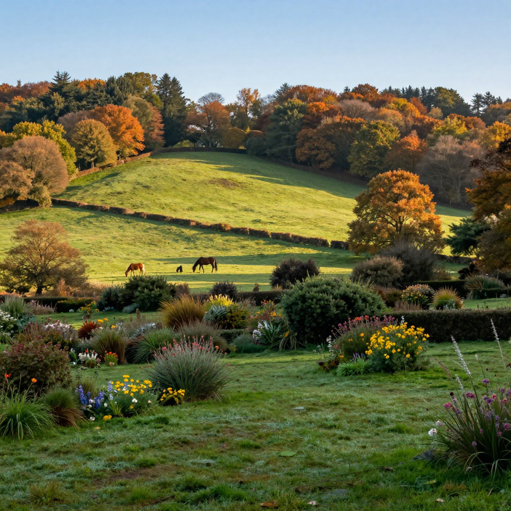 Green field with grazing horses, colorful autumn trees, and a flower garden in the foreground.