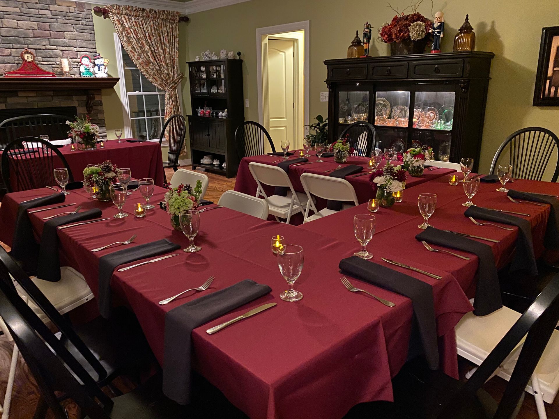 Dining table with red tablecloth