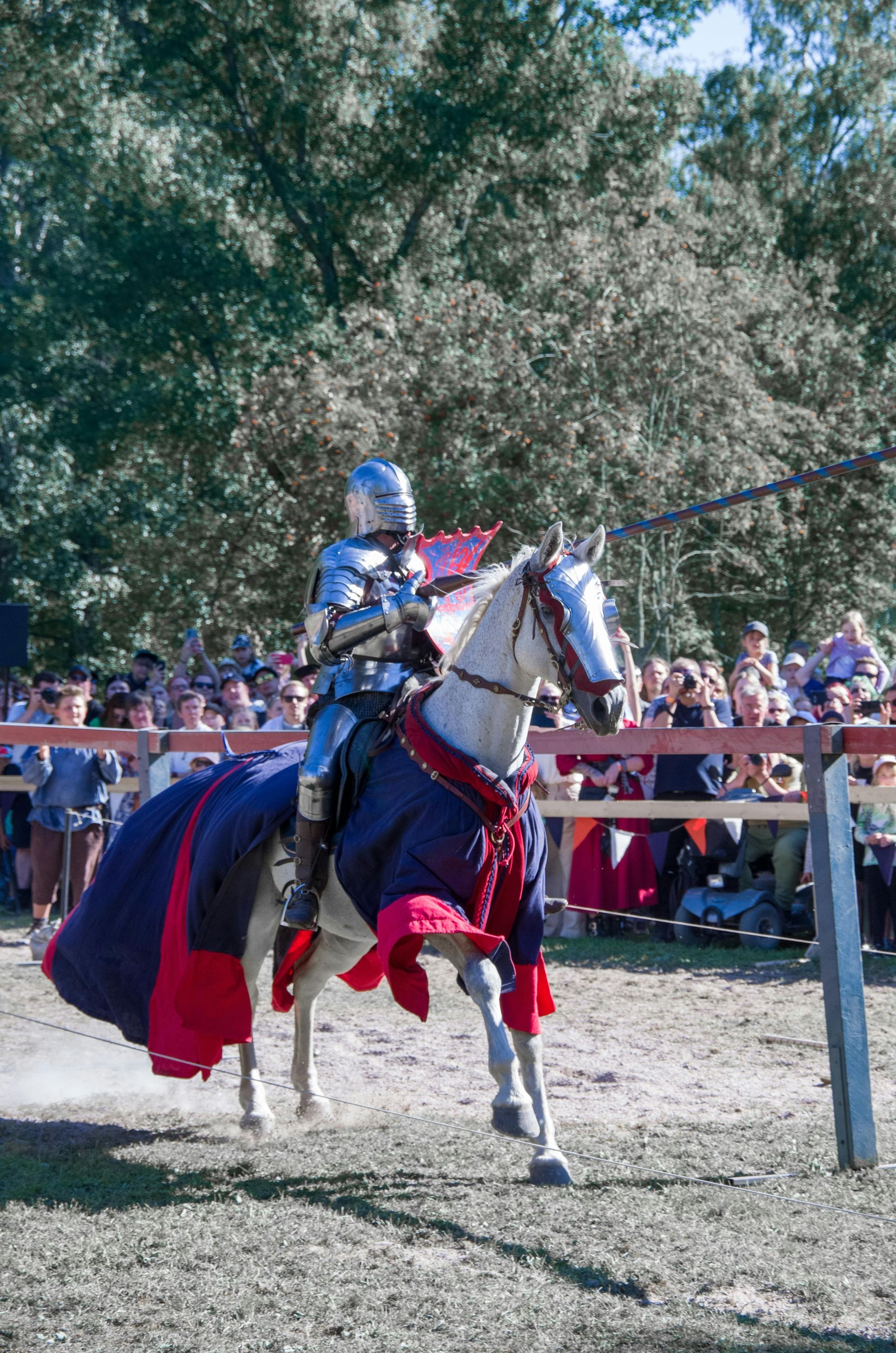 Knight on a white horse in red and blue armor at a jousting event, with a crowd behind the fence