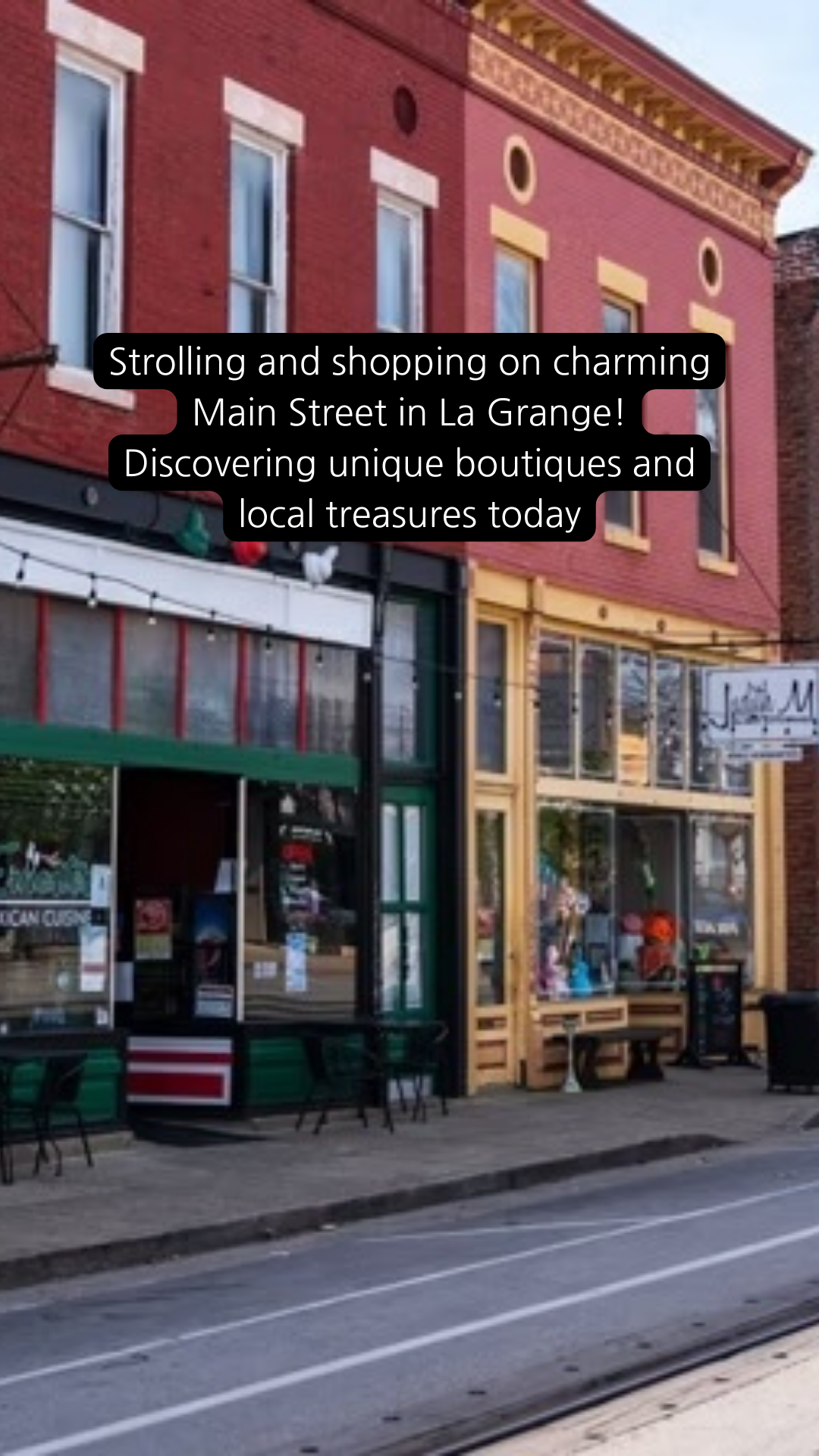 Street view with shops in La Grange, text overlay reads 