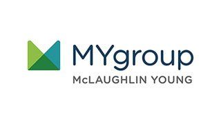 Logo for MYgroup, featuring a stylized M in green and blue, with