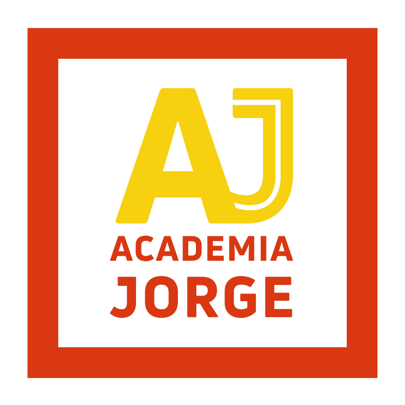 Logotipo de Academia Jorge: AJ en amarillo sobre fondo blanco, enmarcado por un borde cuadrado rojo