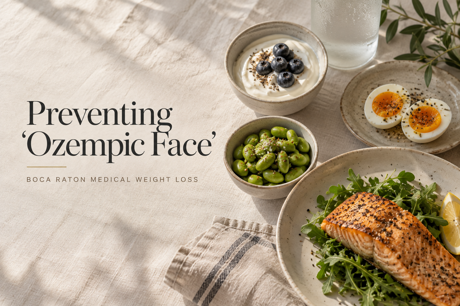 Protein-rich flat lay illustrating how to prevent Ozempic face during semaglutide weight loss
