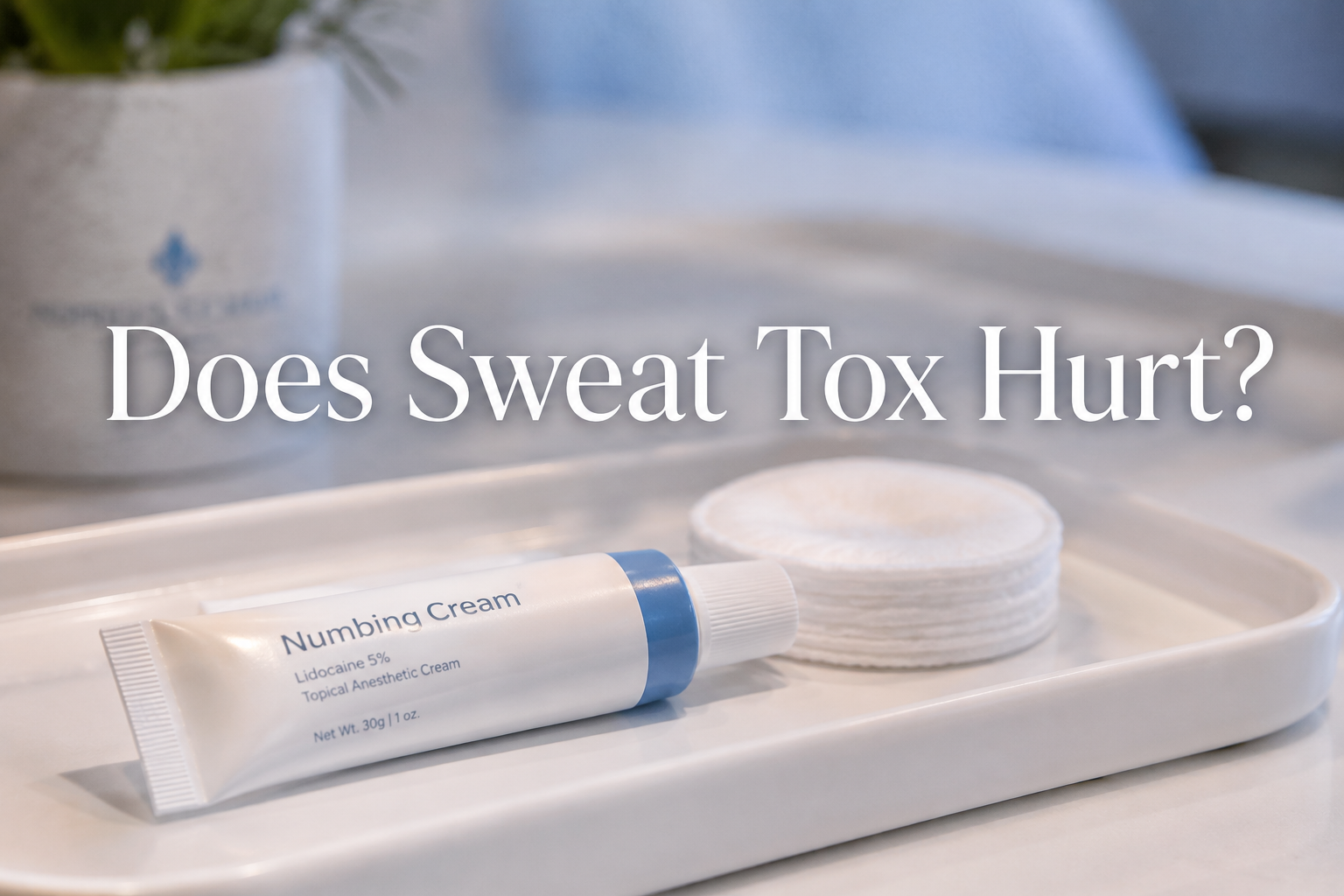 Numbing cream and cotton rounds representing comfort during Sweat Tox