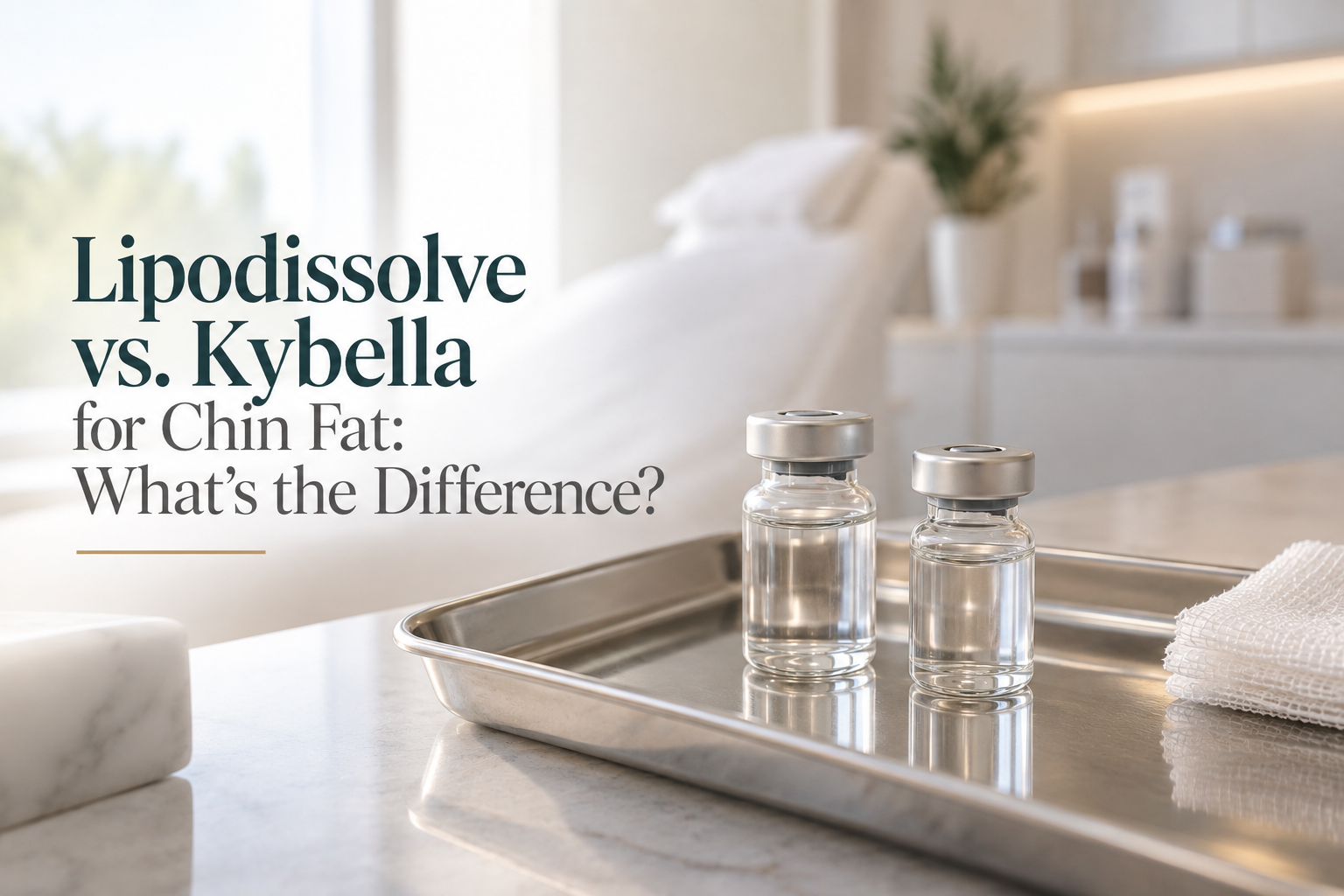 Injectable vials representing Lipodissolve and Kybella chin fat treatments
