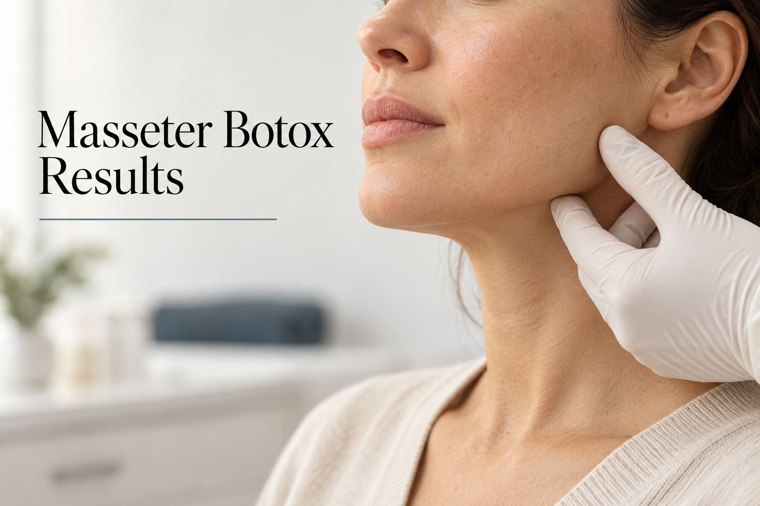 Gloved hand assessing a patient’s jawline during a Masseter Botox face slimming consultation