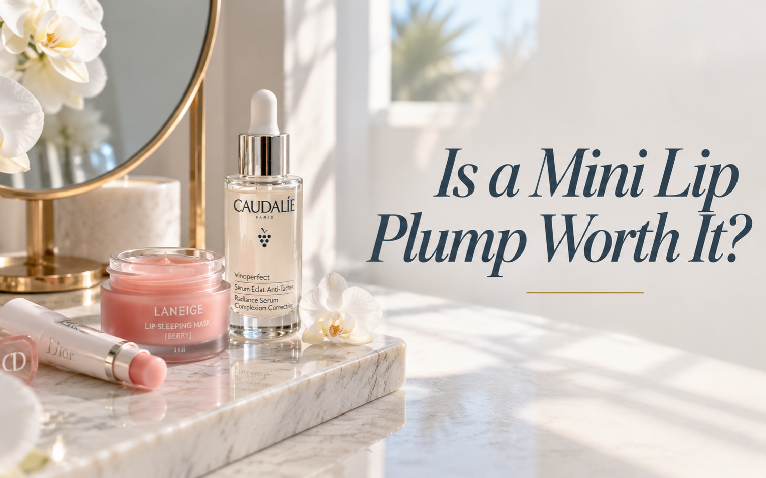 Hydrating lip balm and skincare on vanity for is mini lip plump worth it article
