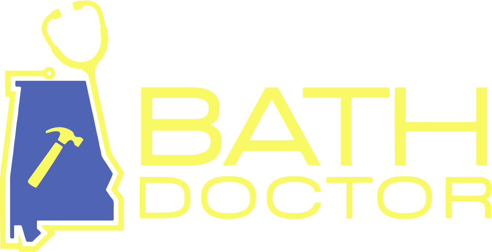 Bath Doctor logo with blue house and yellow text, plus yellow faucet and heart-shaped line