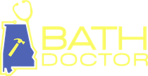 Bath Doctor logo with blue house and yellow text, plus yellow faucet and heart-shaped line