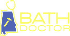 Bath Doctor logo with blue house and yellow text, plus yellow faucet and heart-shaped line
