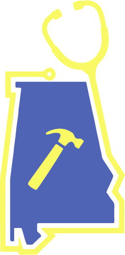 Blue state-shaped logo with yellow stethoscope and hammer icon.