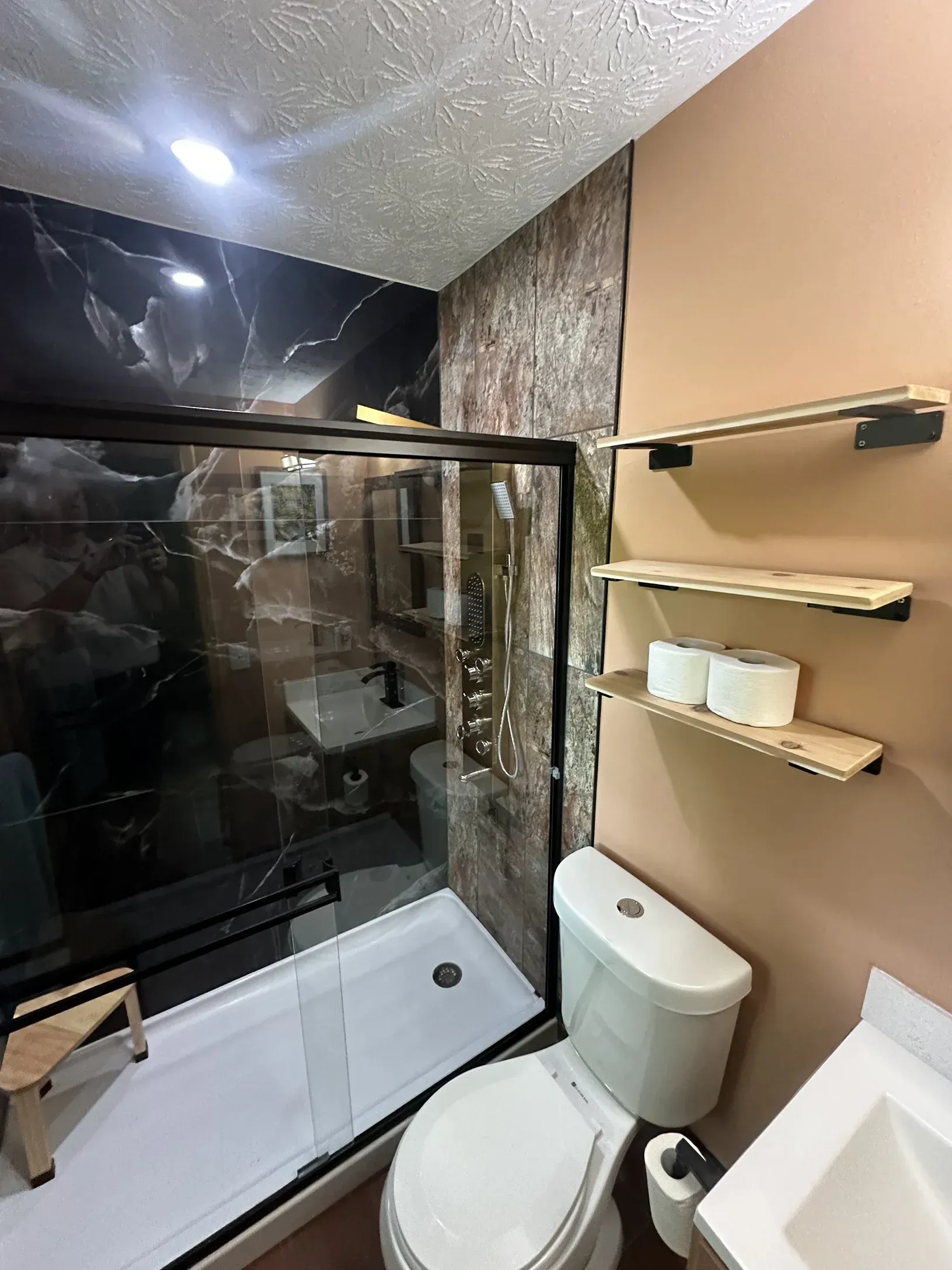 Small bathroom with glass shower, toilet, and wall shelves beside a sink.