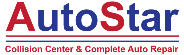 AutoStar Collision Center & Complete Auto Repair logo in red and blue with car silhouette artwork