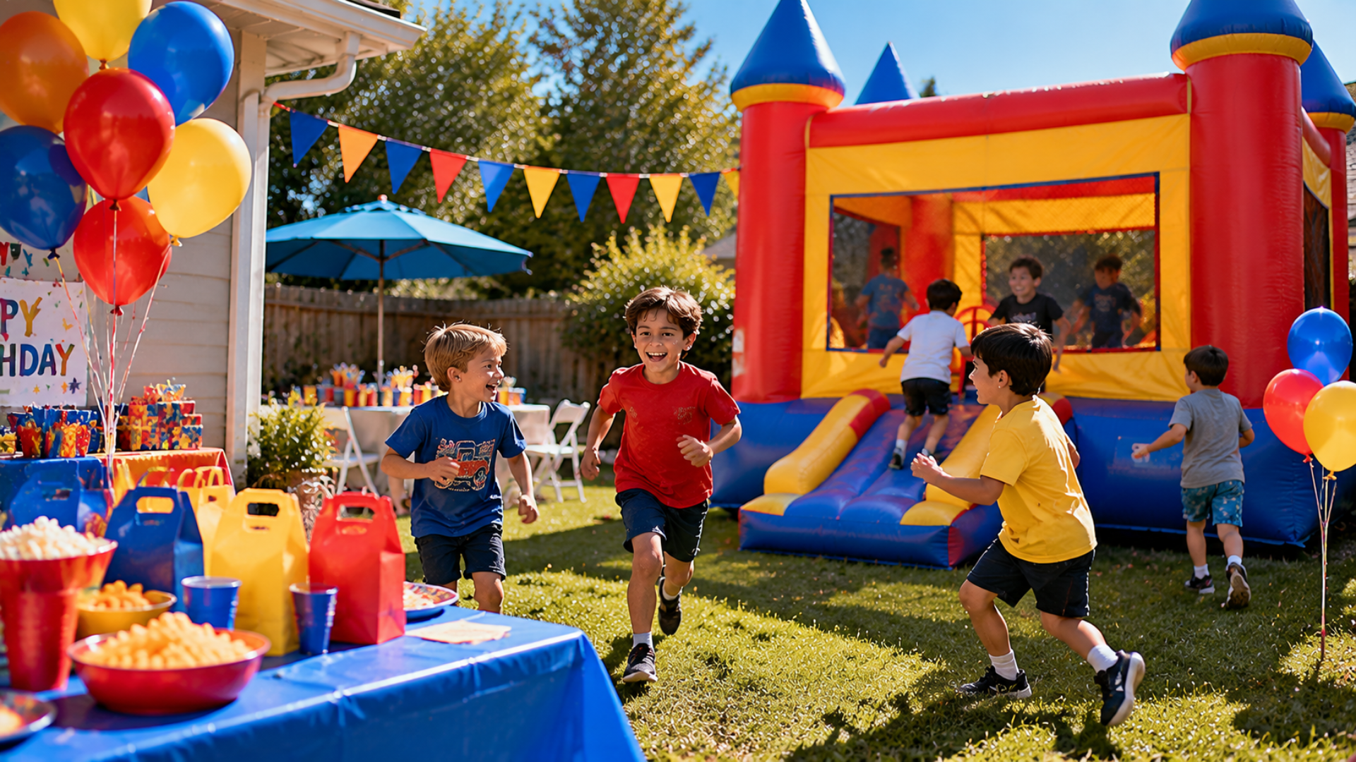 Kids playing at a colorful backyard birthday party with balloons, bunting, and a bounce house