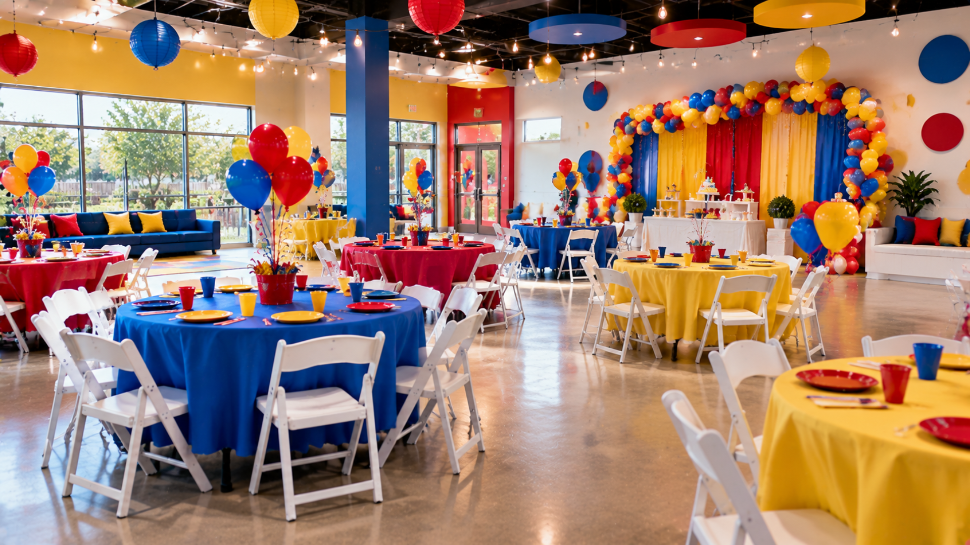 Brightly decorated banquet hall with round tables, colorful balloons, and white chairs set for a party